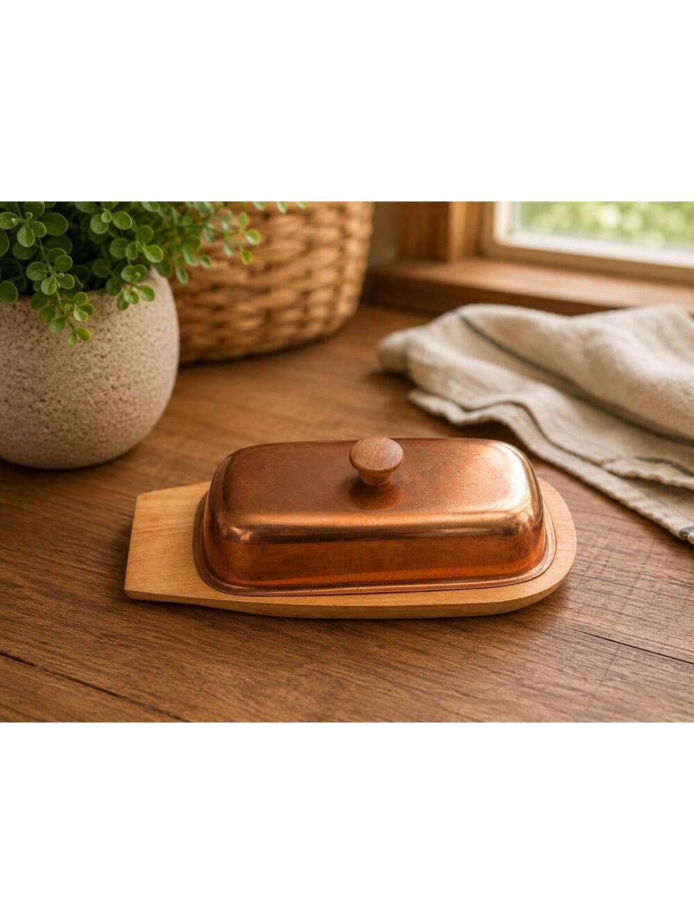 Mid Century Copper Butter Keeper Covered Dish on Wood Stand